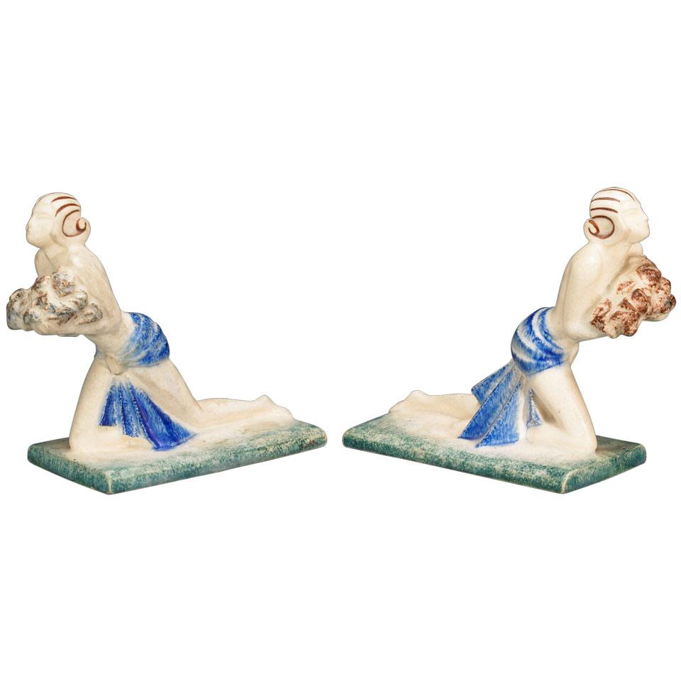 Pair of Evolution Glazed Earthenware Bookends, Pierre Le Faguays, 1930’s