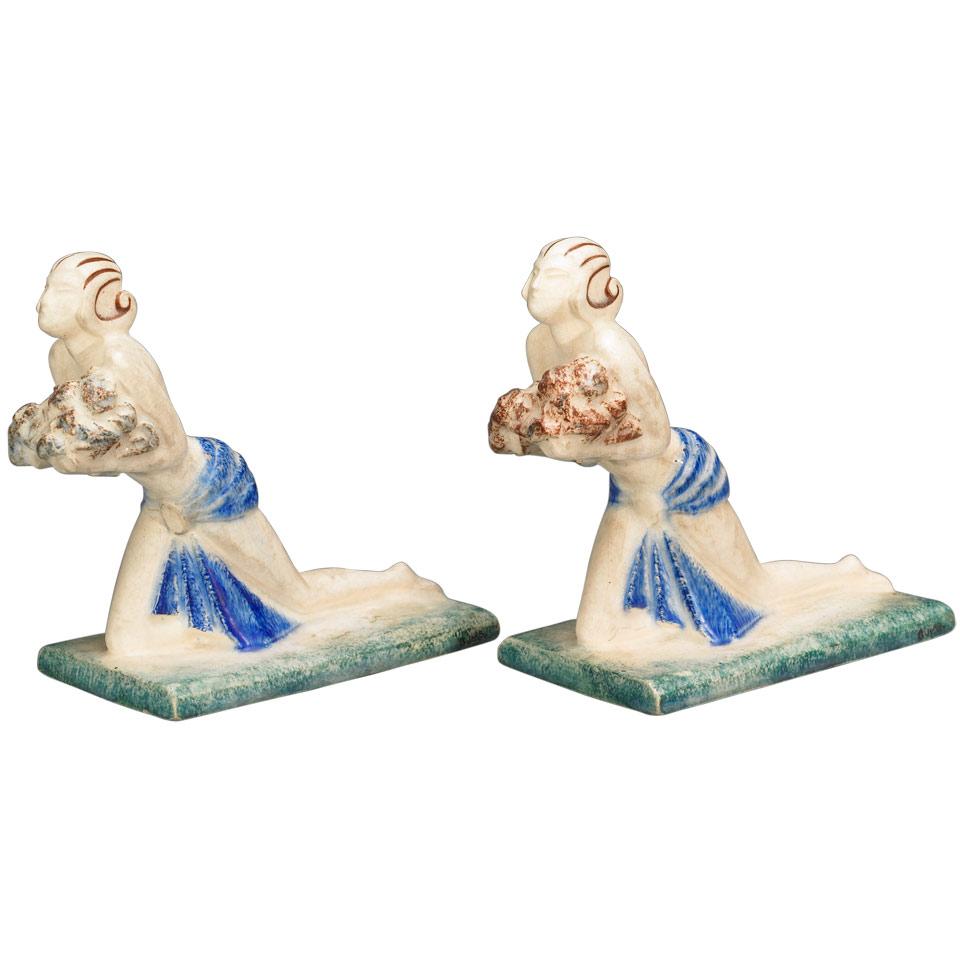 Pair of Evolution Glazed Earthenware Bookends, Pierre Le Faguays, 1930’s