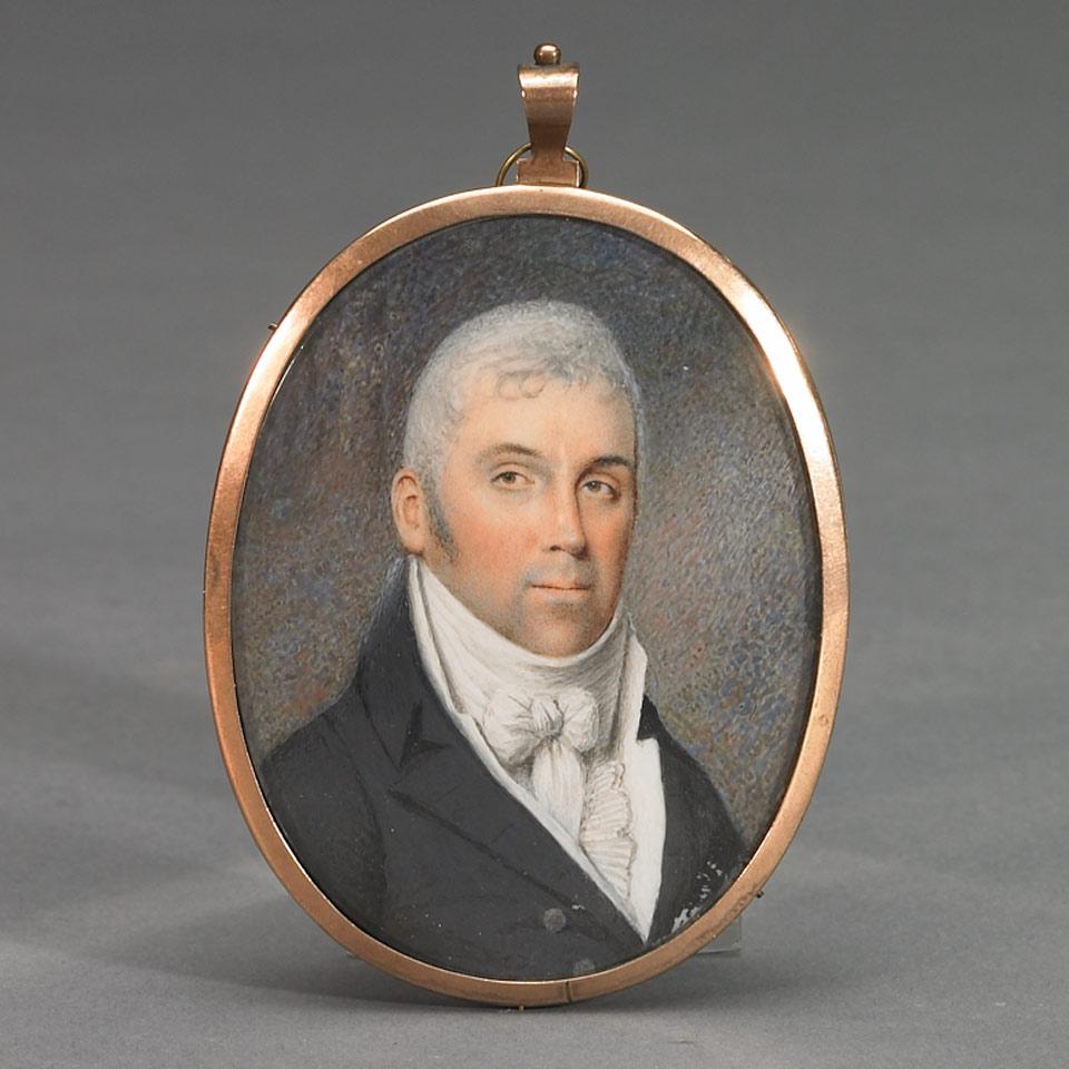 English Oval Portrait Locket of a Gentleman in Black Coat with Cravat, c.1820