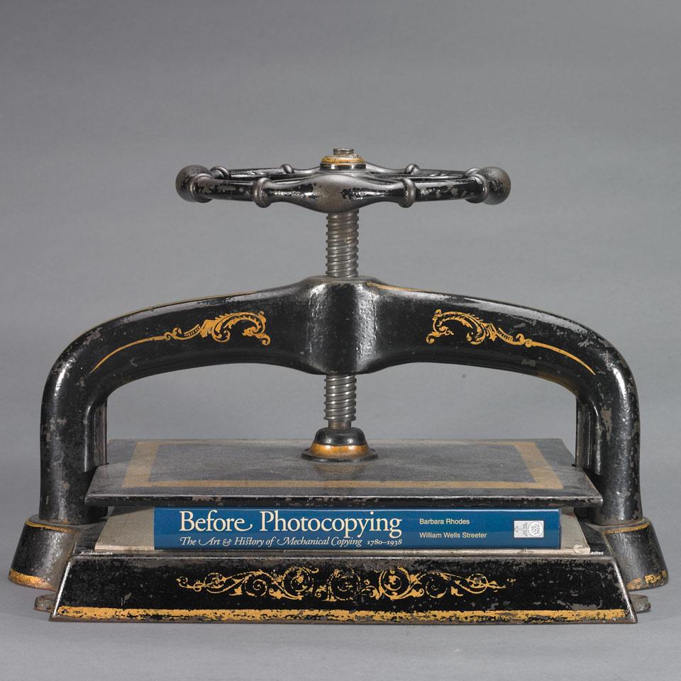 Painted and Parcel Gilt Cast Iron Letter Copying (’Book’) Press, 1880