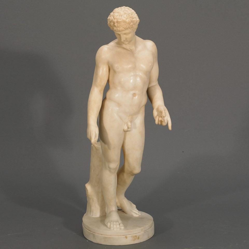 Italian Carved Alabaster Figure of Standing Classical Male Nude, 19th century