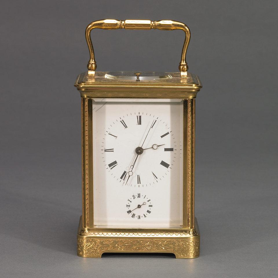 French Repeating Carriage Clock with Sweep Seconds Hand and Alarm, by Japy Freres & Cie, c.1860