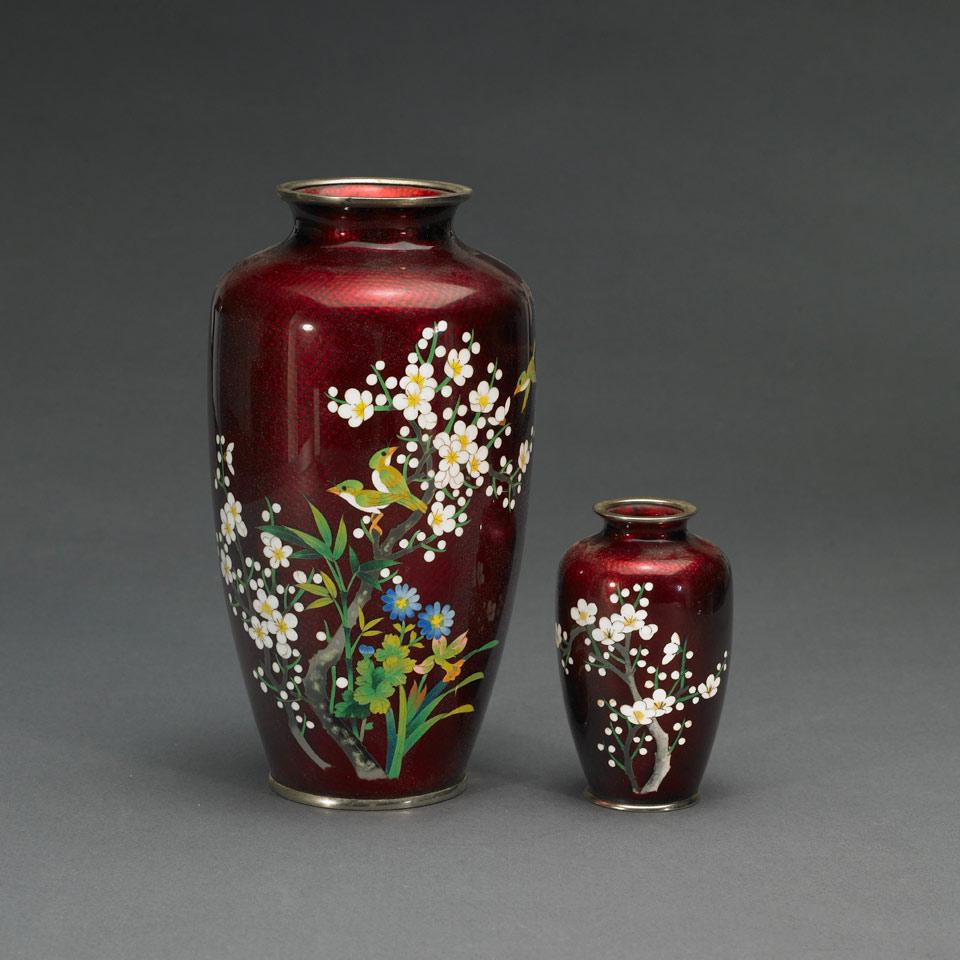 Two Red Ground Cloisonne Vases