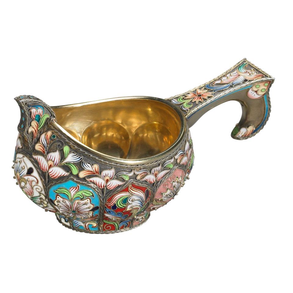 Russian Silver and Cloisonné Enamel Kovsh, 20th Artel, Moscow, 1896-1908