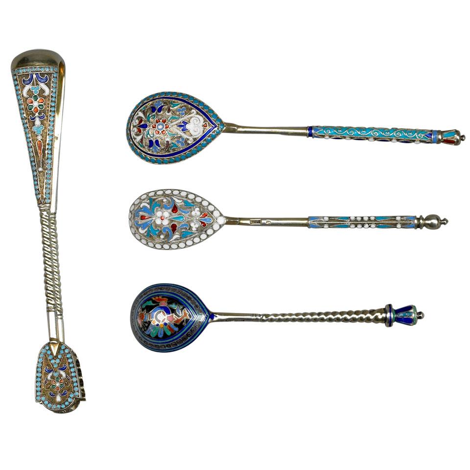 Russian Silver and Cloisonné Enamel Sugar Tongs and Three Spoons, Moscow, c.1900