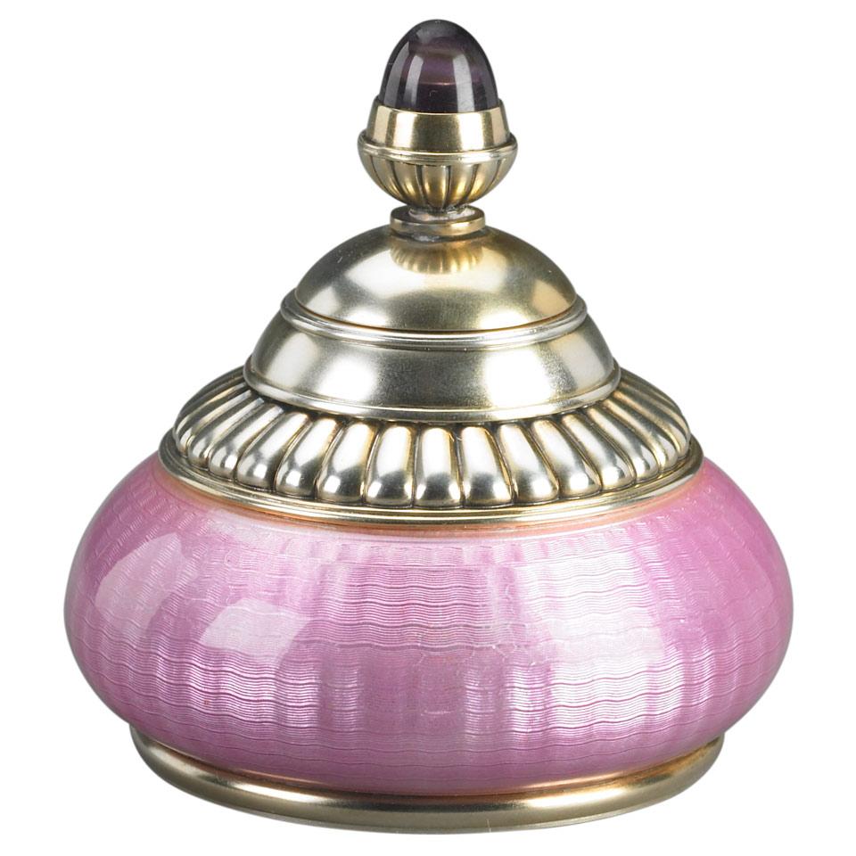 Russian Silver-Gilt and Engraved-Ground Translucent Pink Enamel Glue Pot, Ivan Britzin, St. Petersburg, 1908-12