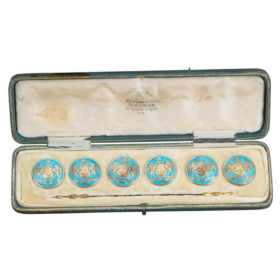Set of Six Edwardian Silver-Gilt and Turquoise Enamel Butchers’ Company Armorial Buttons, Elkington & Co., Chester, 1909