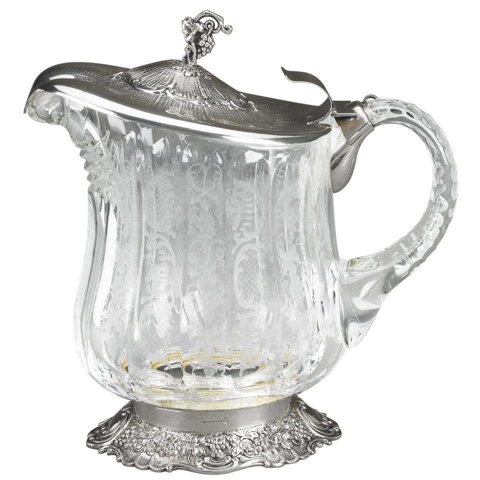 Continental Silver Mounted Cut and Etched Glass Wine Jug, c.1900