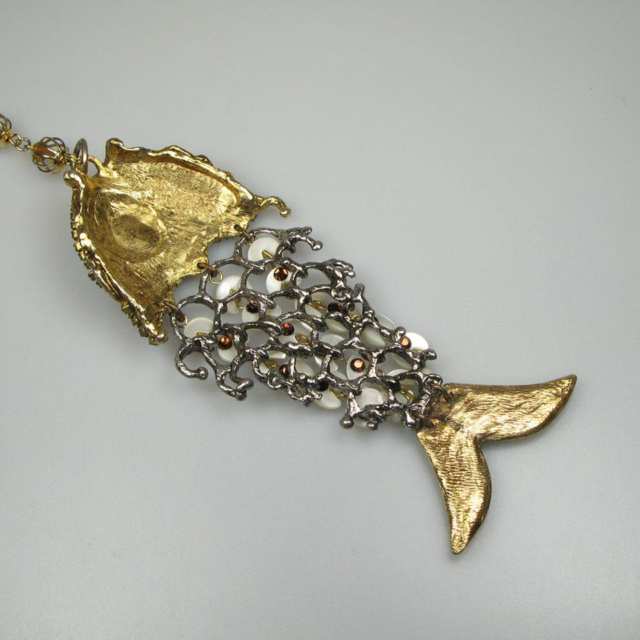 Large Gold Tone Metal “Fish” Pendant And Chain