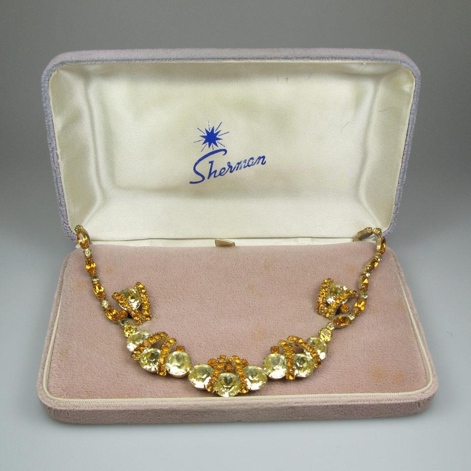 Sherman Gold Tone Metal Necklace And Earrings set with yellow and gold rhinestones