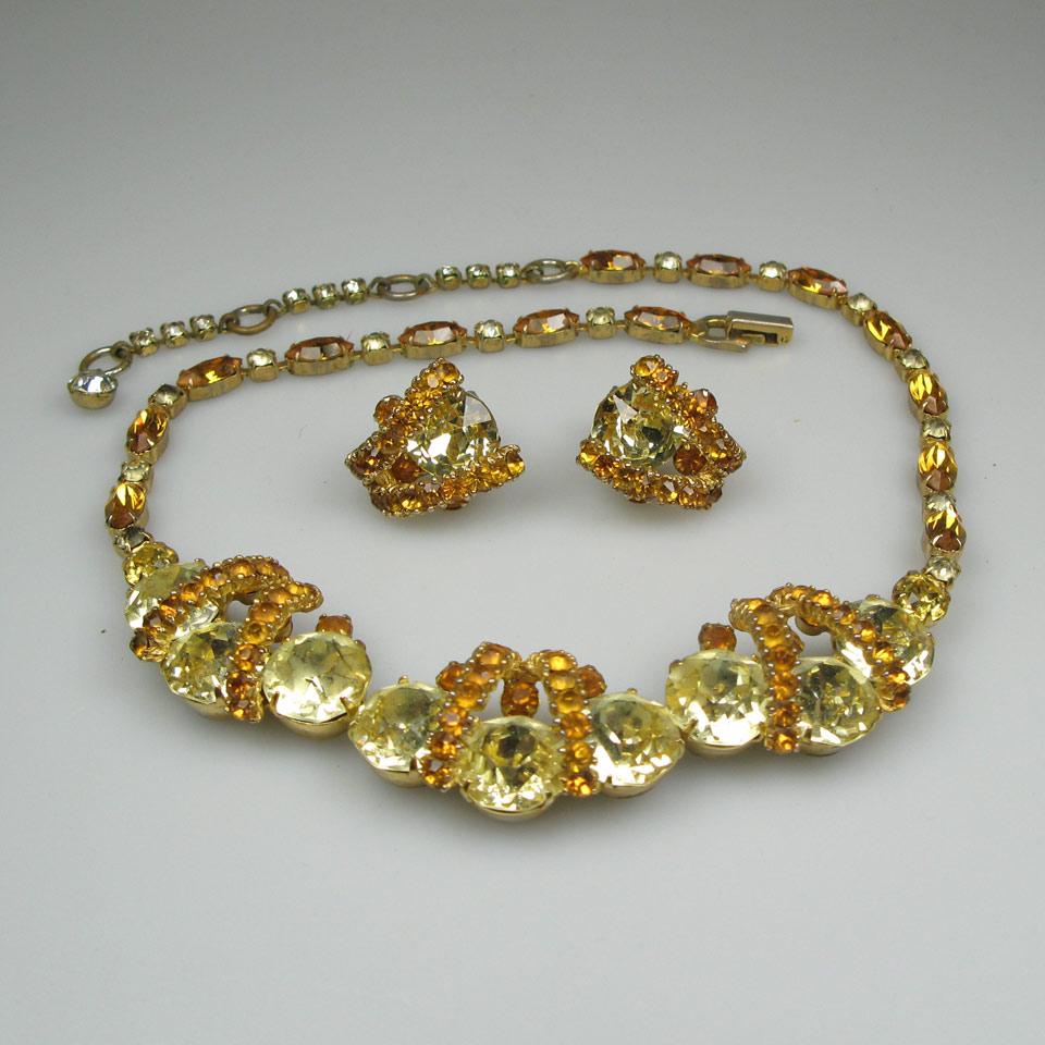 Sherman Gold Tone Metal Necklace And Earrings set with yellow and gold rhinestones