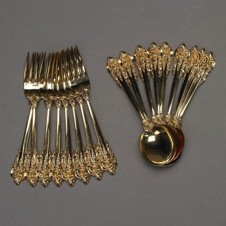 Eight American Vermeil ‘Rosepoint’ Pattern Dessert Spoons, Eight Forks and a Serving Spoon, Wallace Silversmiths, Wallingford, Ct., 20th century