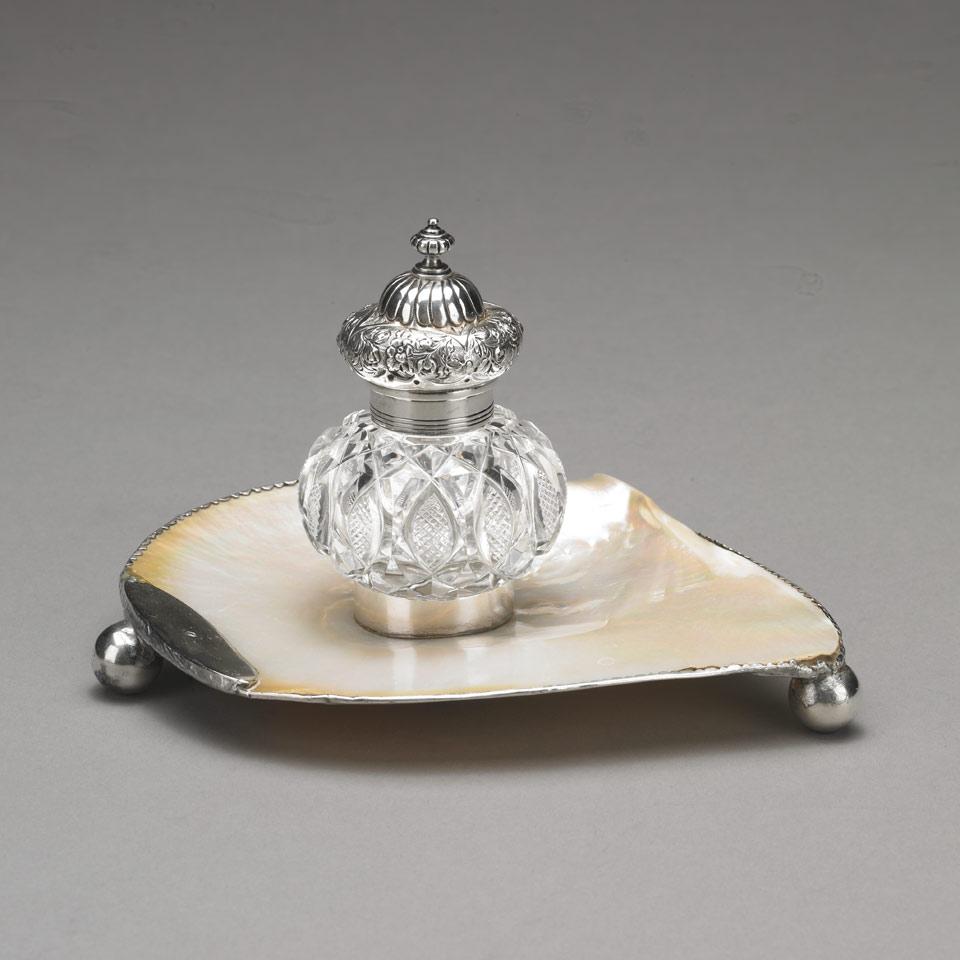 Victorian Silver Mounted Cut Glass and Abalone Shell Inkstand, Charles Edwards, London, 1886