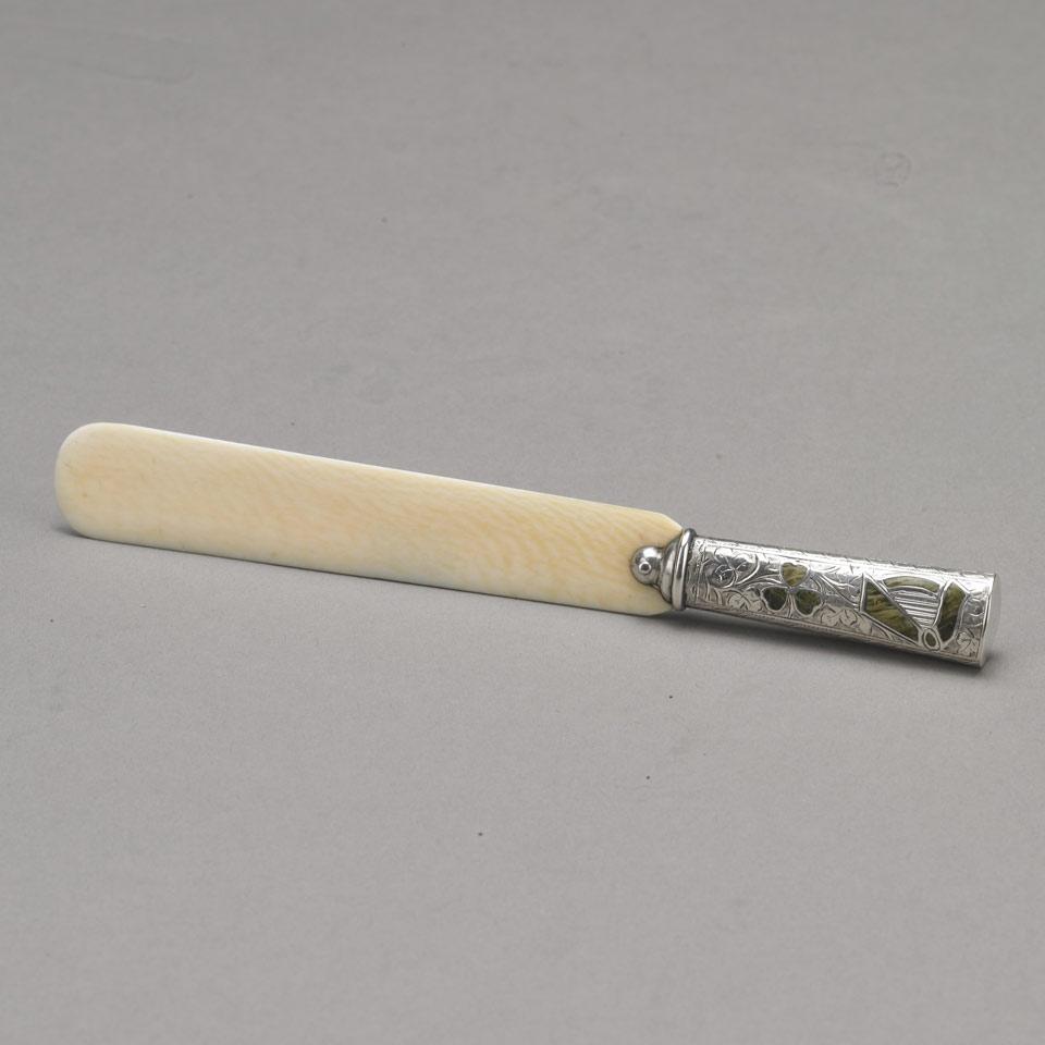 Edwardian Inlaid Silver and Ivory Irish Letter Opener, J. Cook & Son, Birmingham, 1906