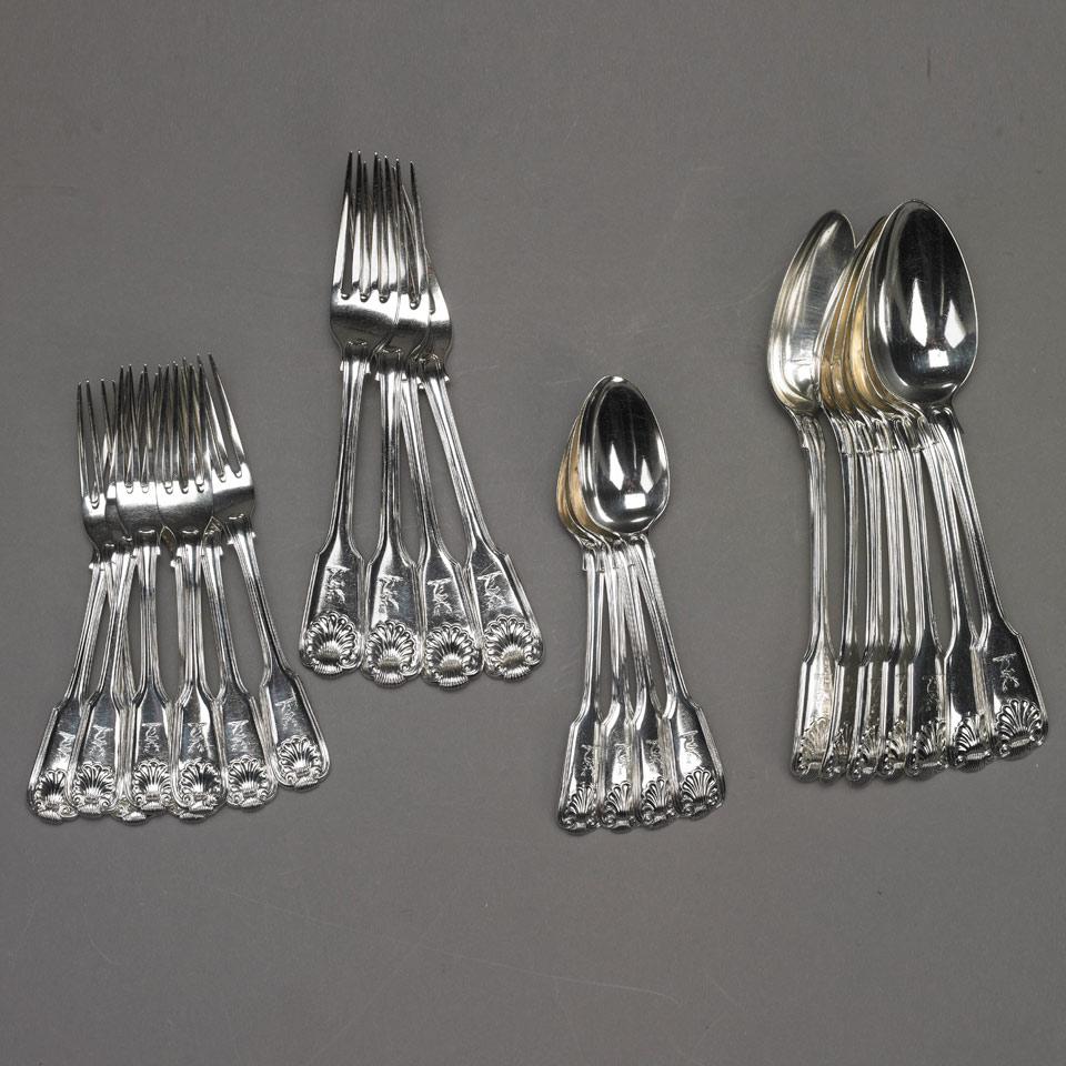 Victorian Silver Fiddle, Thread and Shell Pattern Flatware, William Theobalds, London, 1841
