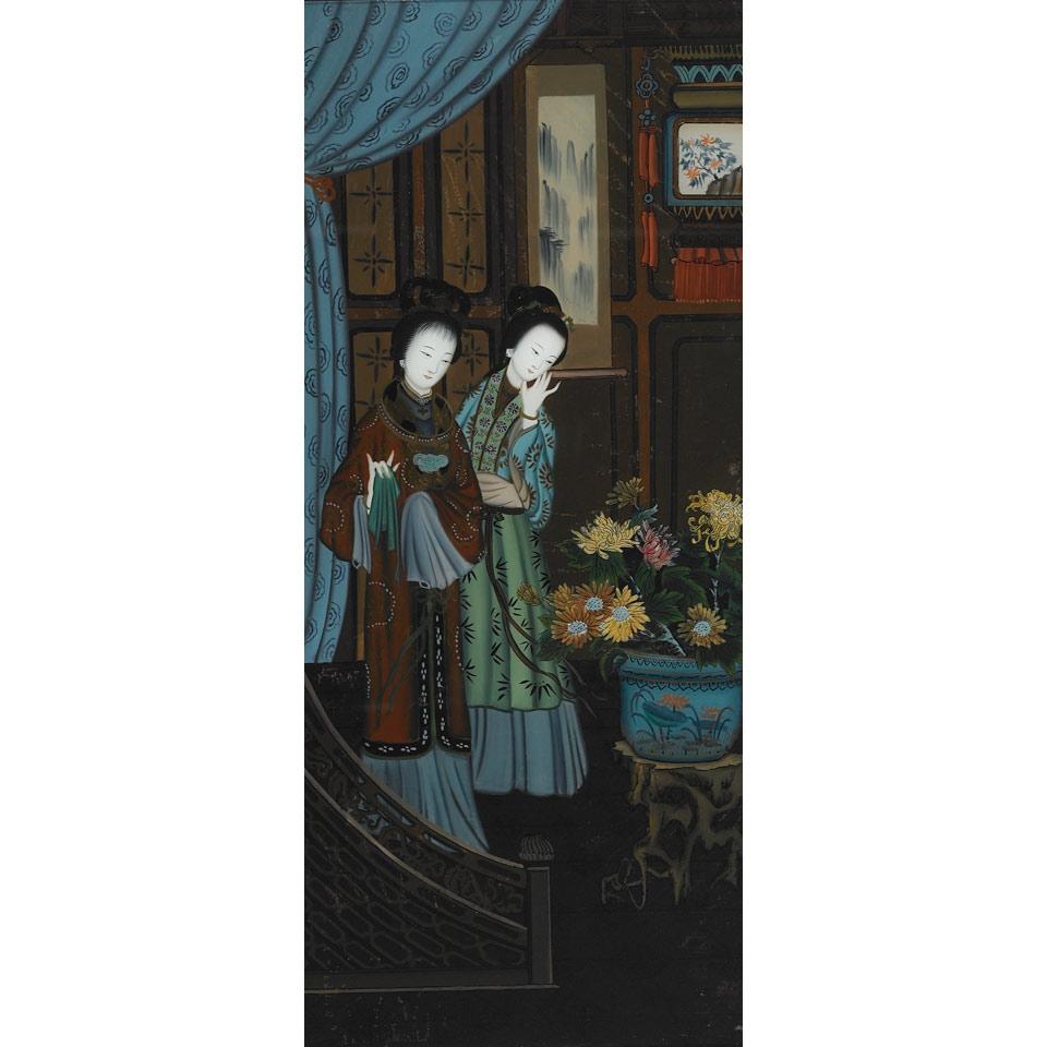Pair of Reverse Glass Paintings, Mid 20th Century