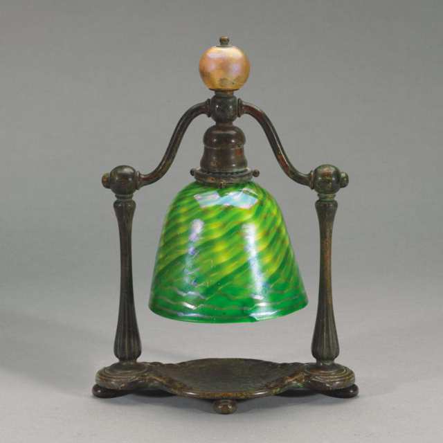 Tiffany Brass and Favrile Glass Lamp with Damascene Shade, early 20th century