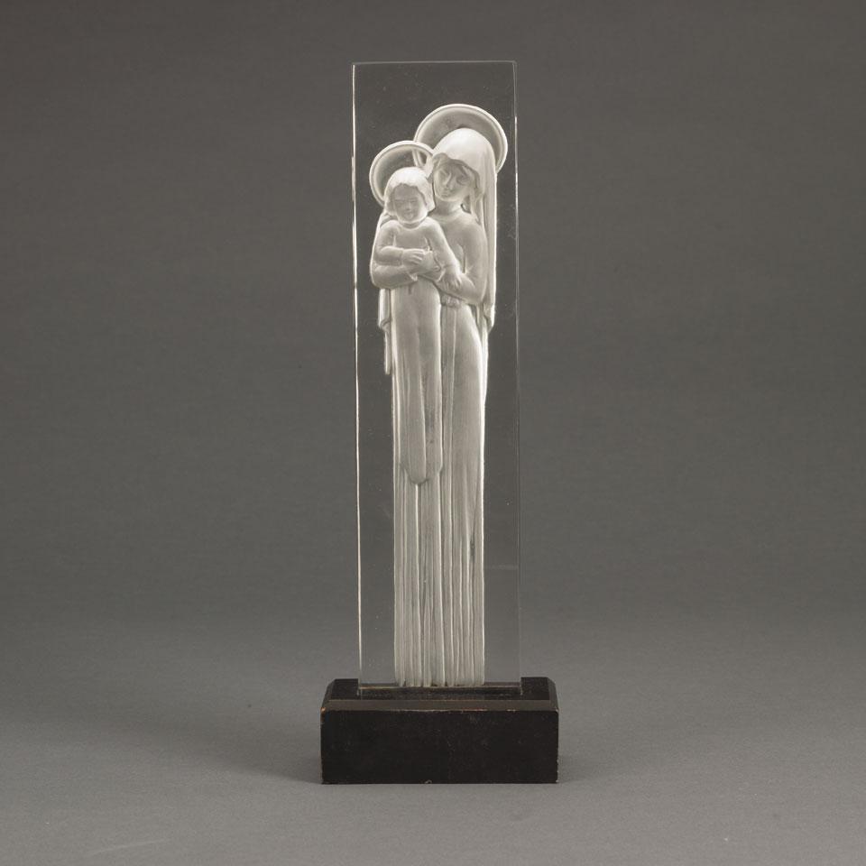 Lalique ‘Vierge a L’Enfant’, Moulded and Frosted Sculpture of Madonna and Child, 1930’s