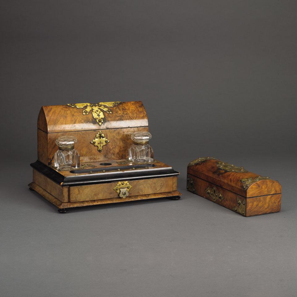 English Gilt-Brass Mounted Burled Walnut Inkstand and Letter Box, c.1870