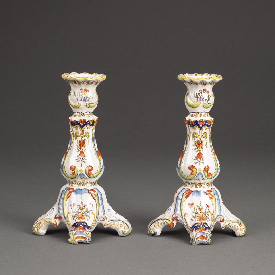 Pair of Rouen Faience Candlesticks, late 19th century