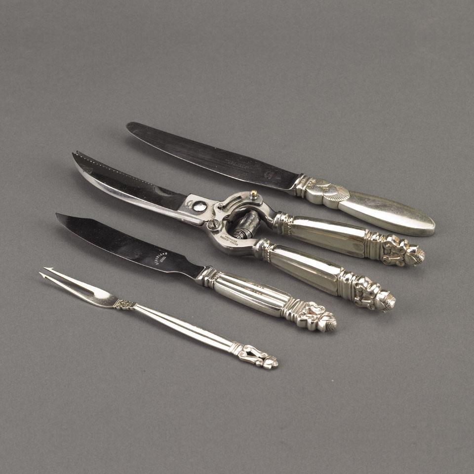 Danish Silver Acorn Pattern Pickle Fork, Cheese Knife, Poultry Shears and a Cactus Pattern Knife, Georg Jensen, Copenhagen, 20th century