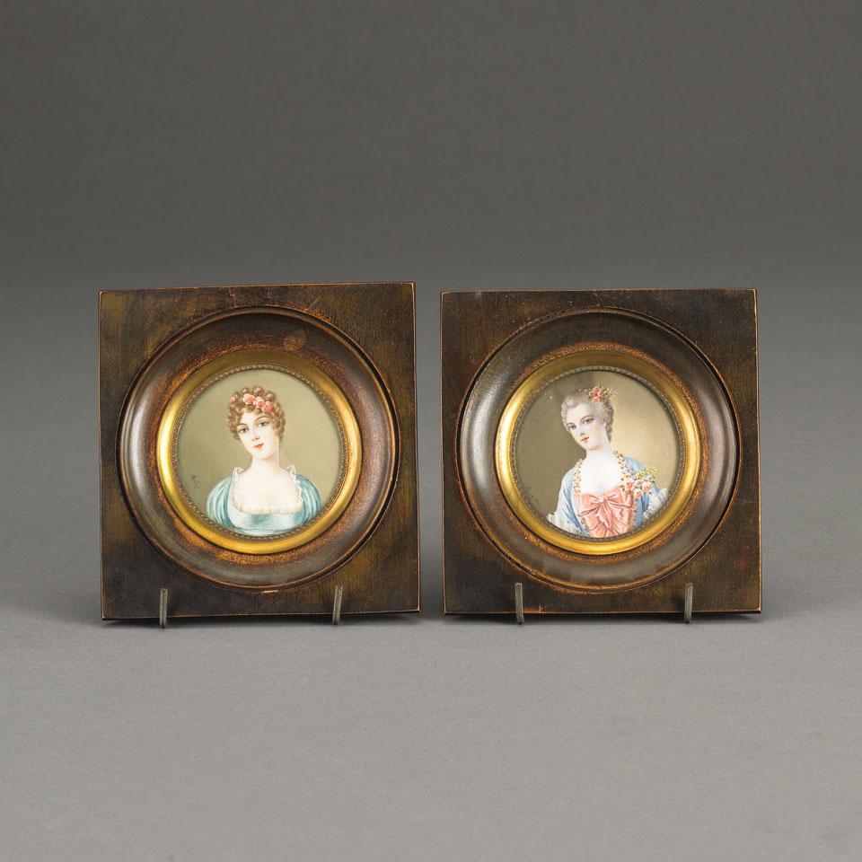 Pair of French Portrait Miniatures depicting Mdme. de Pompadour and Mdme. de Neuville, c.1900