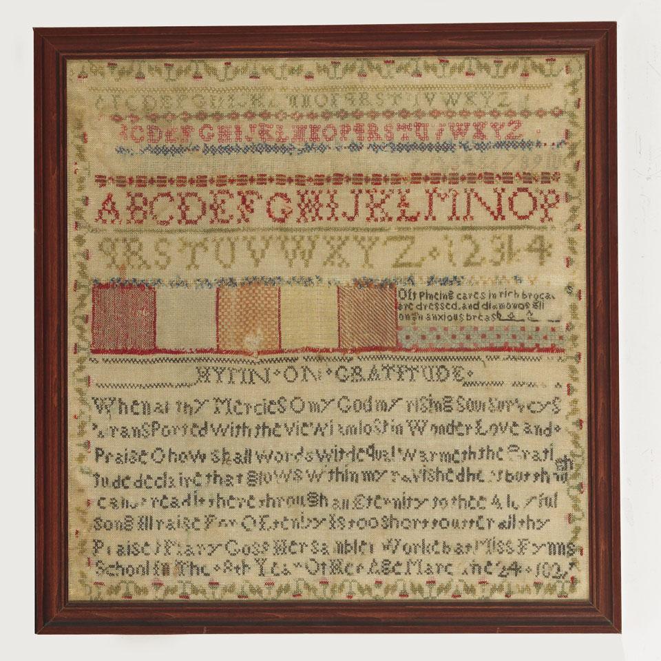 Needlework Sampler, ‘Hymn on Gratitude’, Mary Goss, dated 1827
