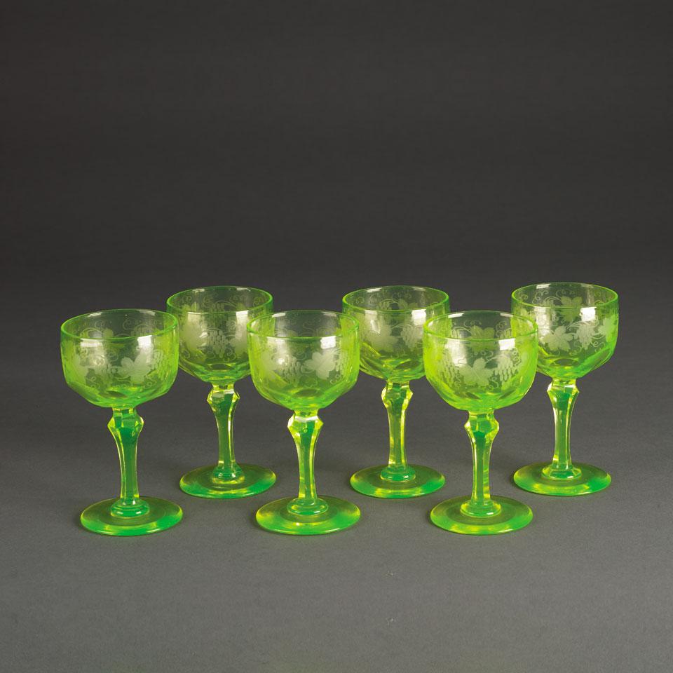 Six Bohemian Engraved Vaseline Glass Wines, late 19th century