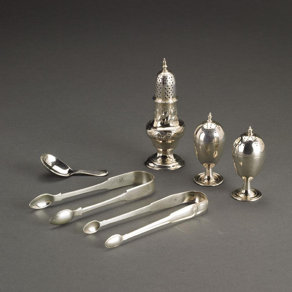 George III Silver Caster, London, 1778, Caddy Spoon, 1805, Two Pairs of Sugar Tongs, 1793 and 1826, Pair of Victorian Peppers, Birmingham, 1876