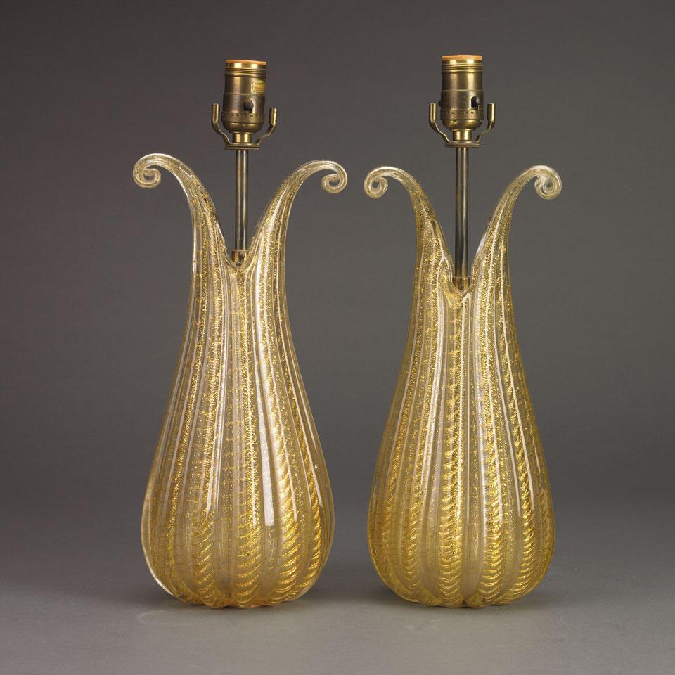 Pair of Cordonato Oro Glass Table Lamps, Barovier & Toso, 1950’s