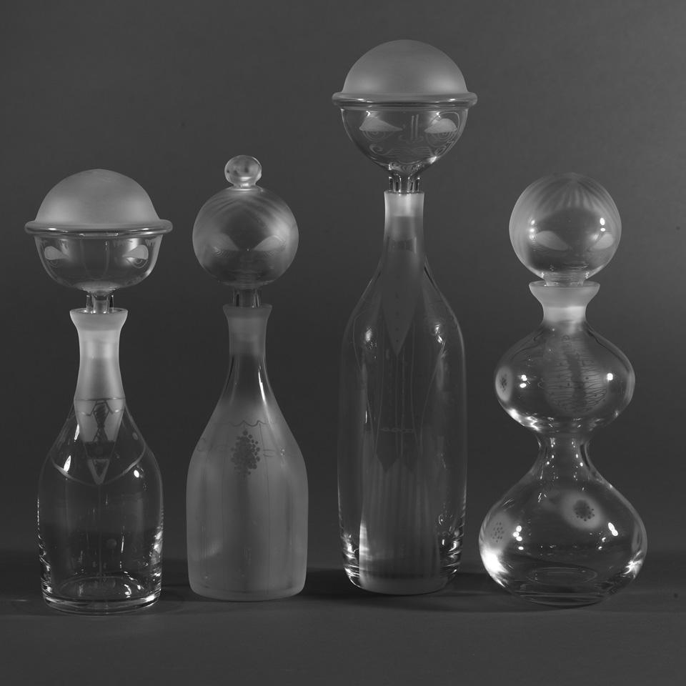Four Etched Glass Figural Decanters, 20th century