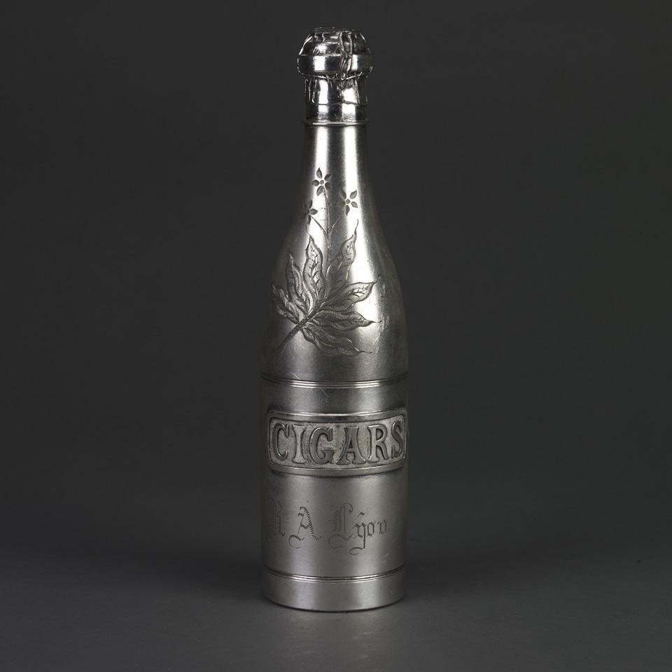 American Silver Plated Champagne Bottle Form Cigar Humidor, Pairpoint Mfg. Co., New Bedford, Mass., c.1900