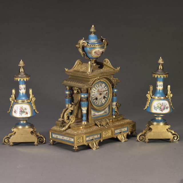 French Sevres Style Porcelain Mounted Gilt Bronze Clock Garniture, c.1870