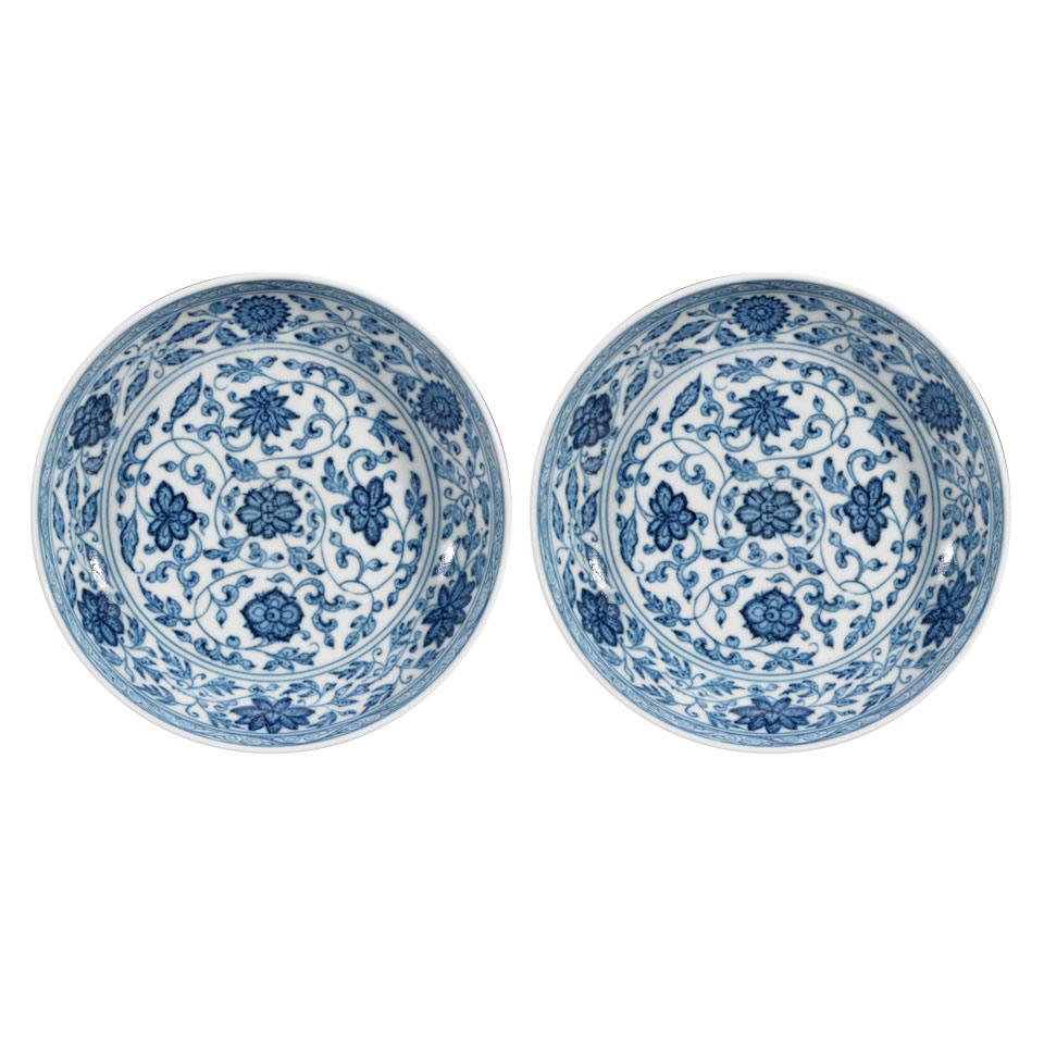 Pair of Blue and White Ming-Style Dishes, Qing Dynasty, Daoguang Mark and Period (1821-1850)