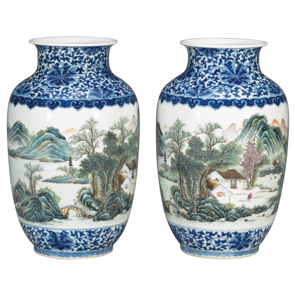 Pair of Famille Verte Landscape Lantern Vases, Qianlong mark