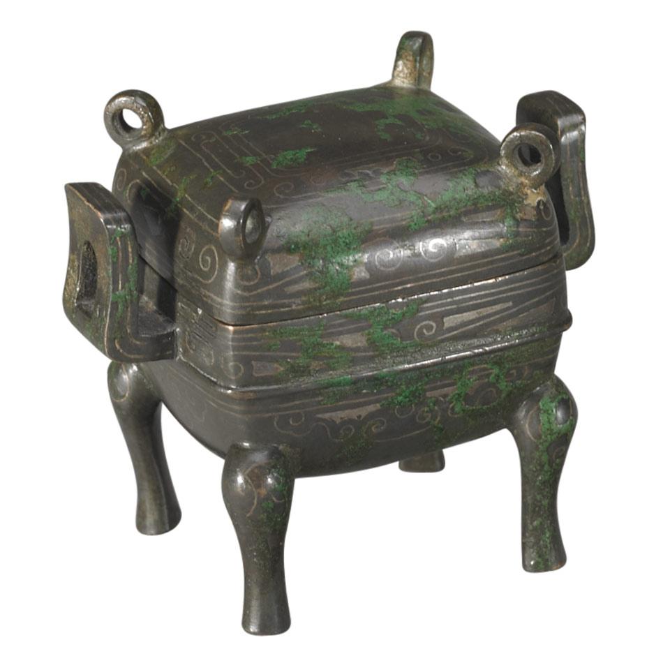 Archaistic Inlaid Bronze Censer, Fangding, Ming Dynasty, 17th Century 