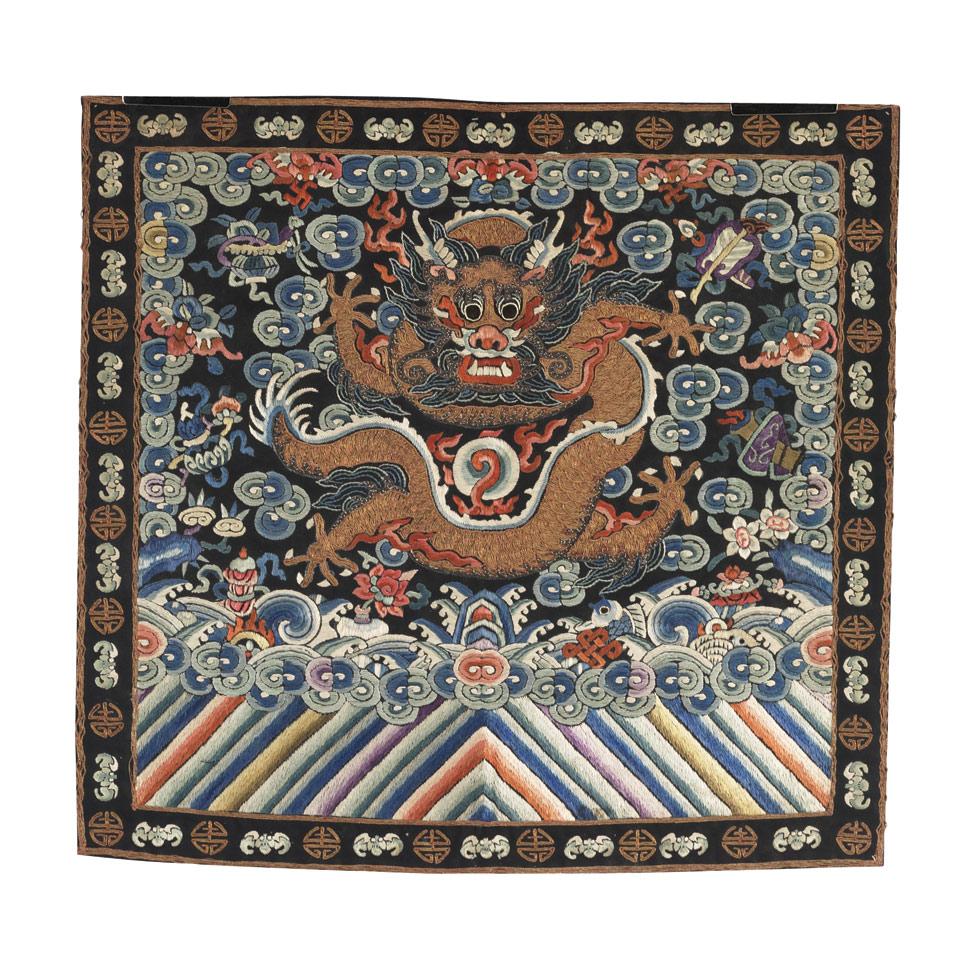 Pair of Silk Embroiderd Dragon Rank Badges, Qing Dynasty, 19th Century