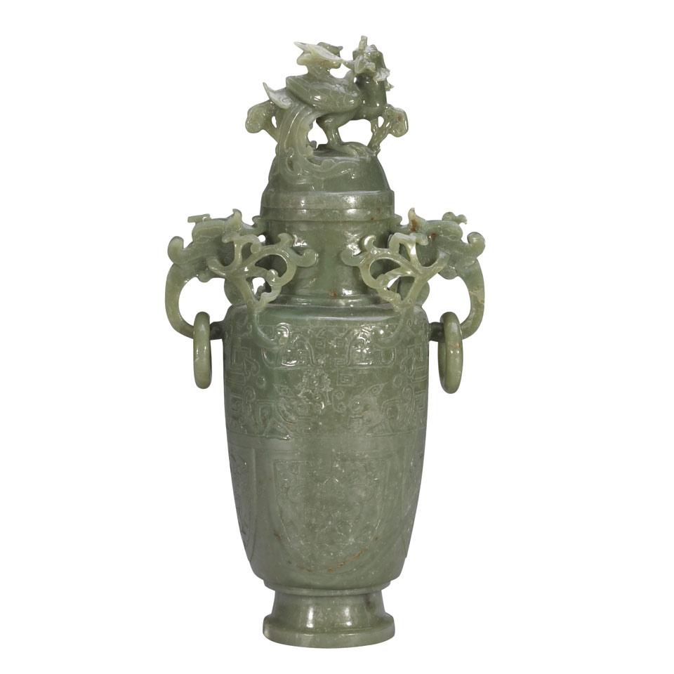 Large Green Jade Baluster Vase and Cover