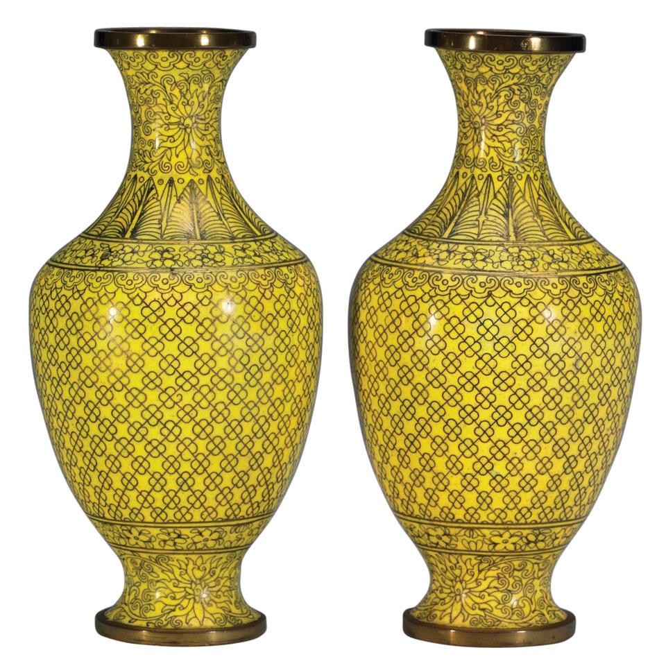 Pair of Yellow Cloisonné Enamel Bottle Vases, Lao Tienli Mark, Early 20th Century