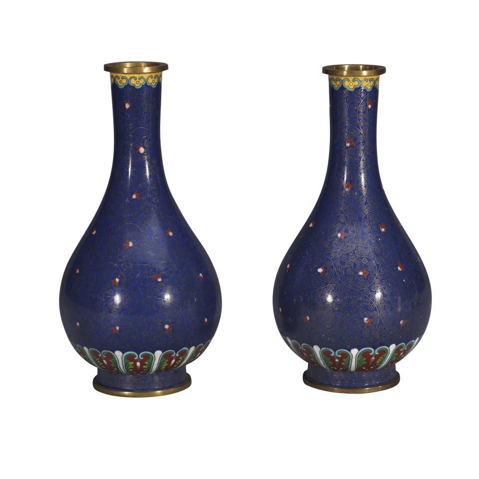 Pair of Blue Cloisonné Enamel Bottle Vases, Lao Tienli Mark, Early 20th Century