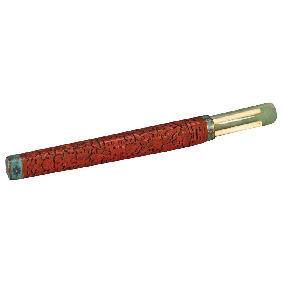 Red Cinnabar Lacquer and Cloisonné Enamel Chopstick Holder, Qing Dynasty, 19th Century