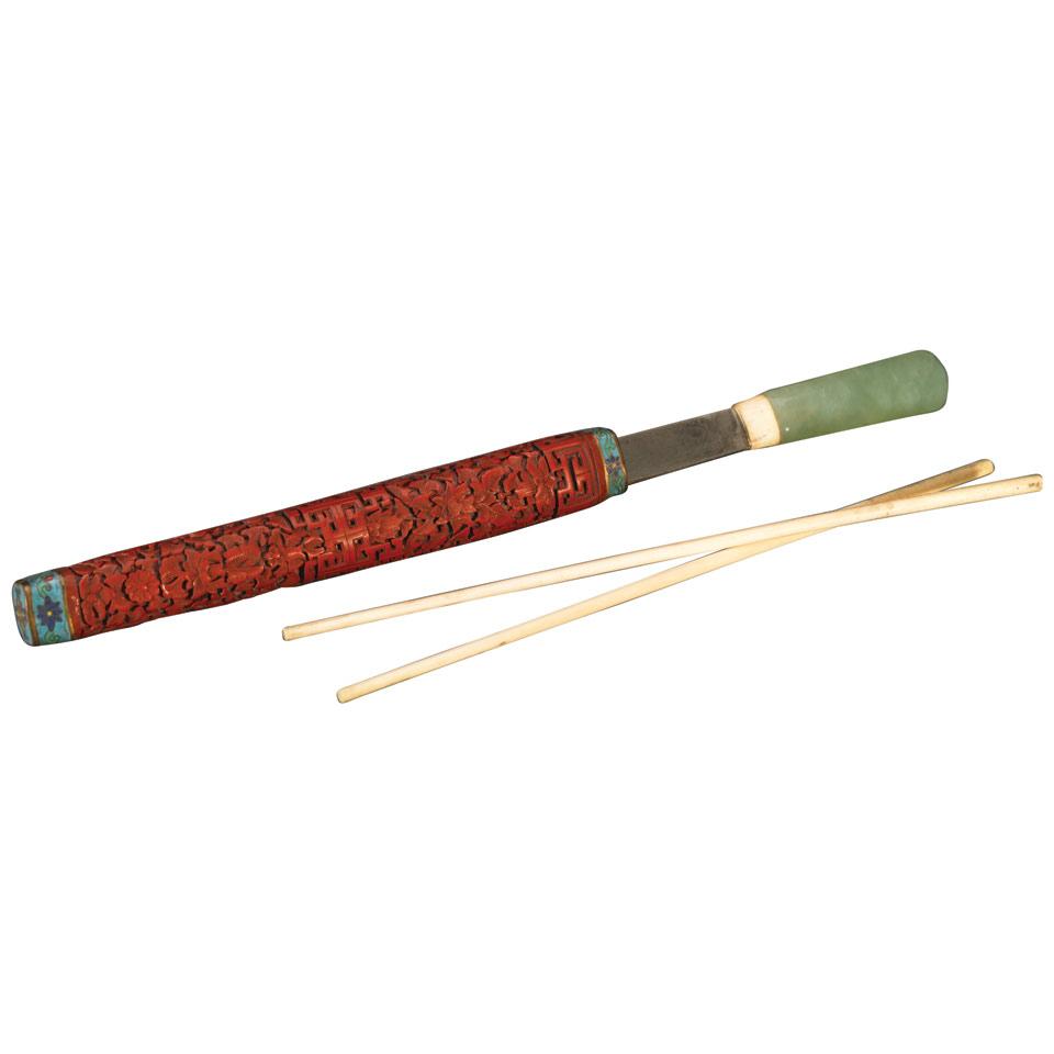 Red Cinnabar Lacquer and Cloisonné Enamel Chopstick Holder, Qing Dynasty, 19th Century