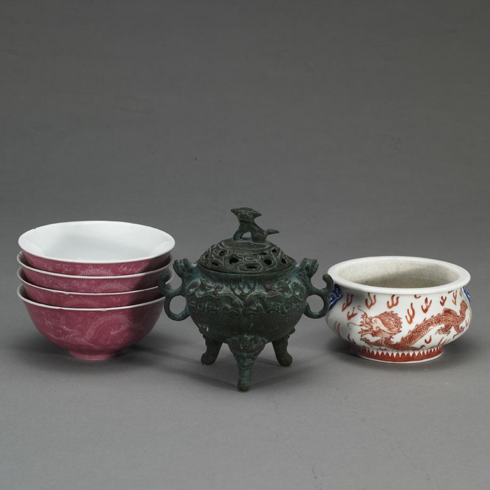 Five Porcelain Items and a Bronze Censer, 19th/20th Century