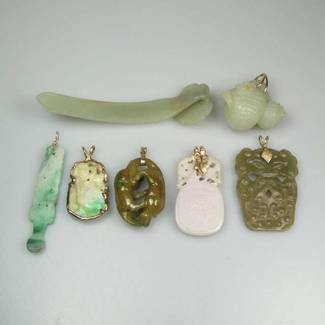 Seven Various Carved Jade and Jadeite Pendants
