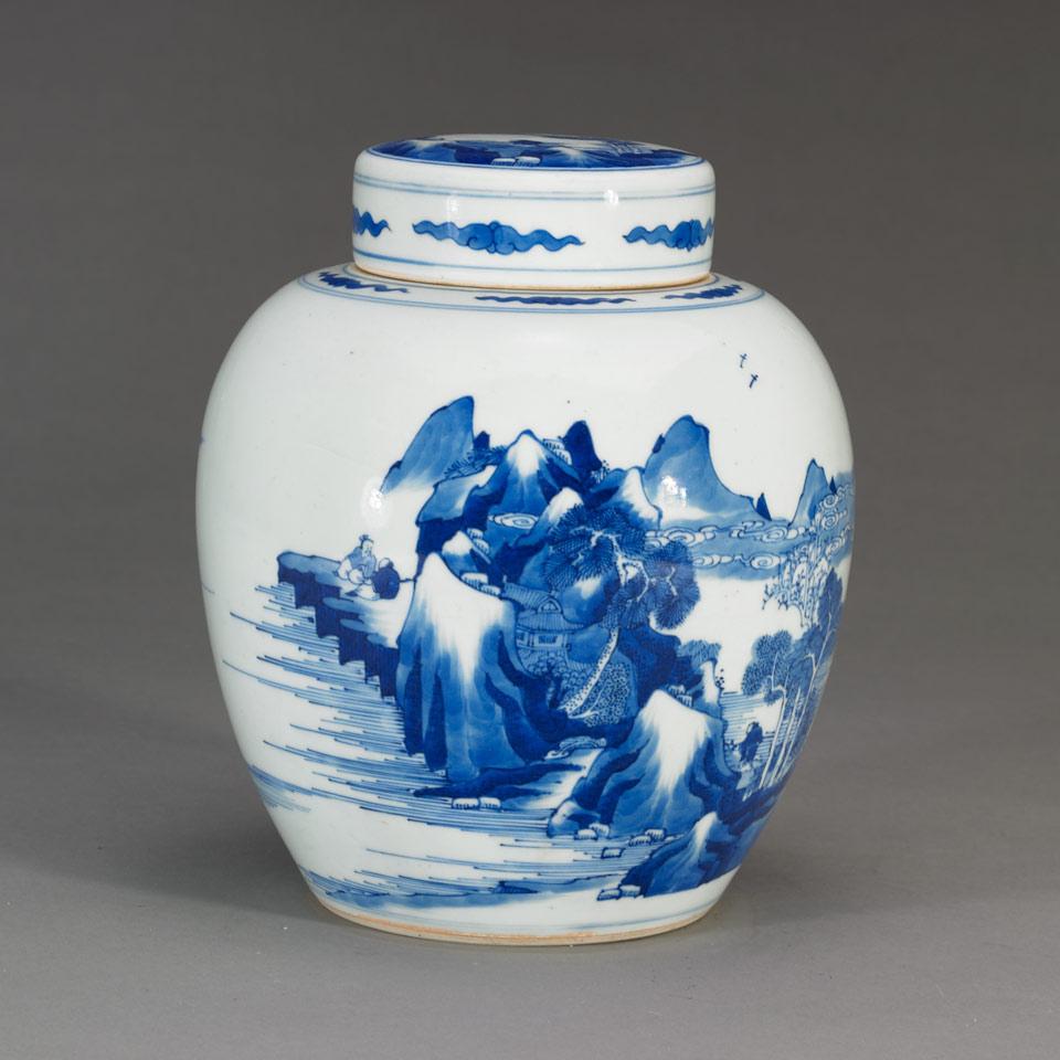 Blue and White Landscape Ginger Jar and Cover, China, 18th/19th Century