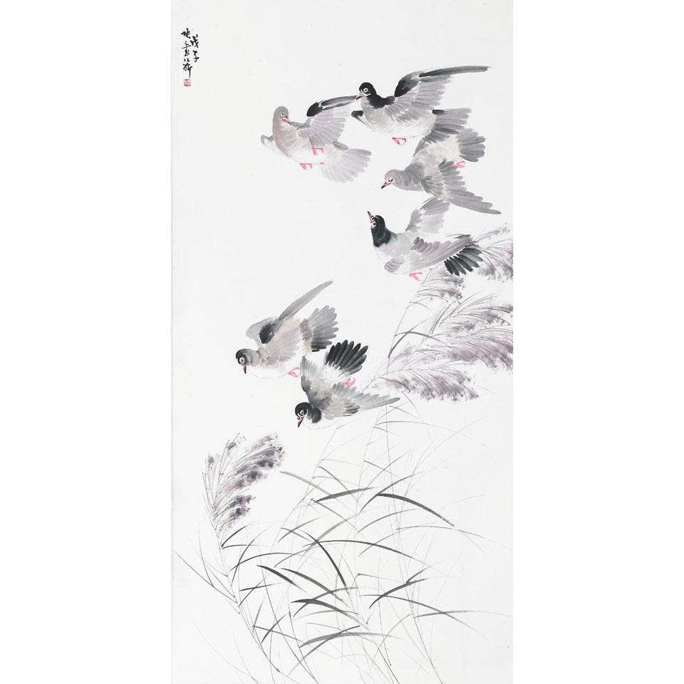 Chinese School, Scroll Painting of Pigeons