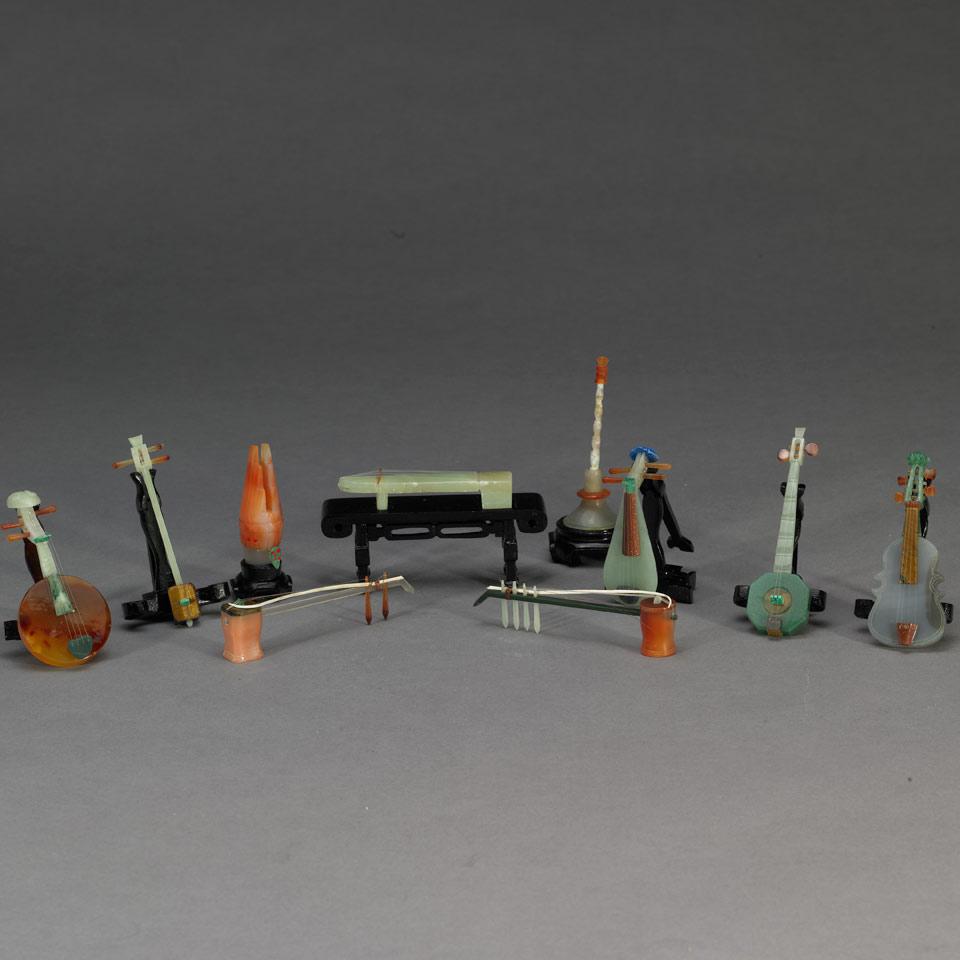 Set of Ten Mixed-Hardstone Carved Miniature Instruments