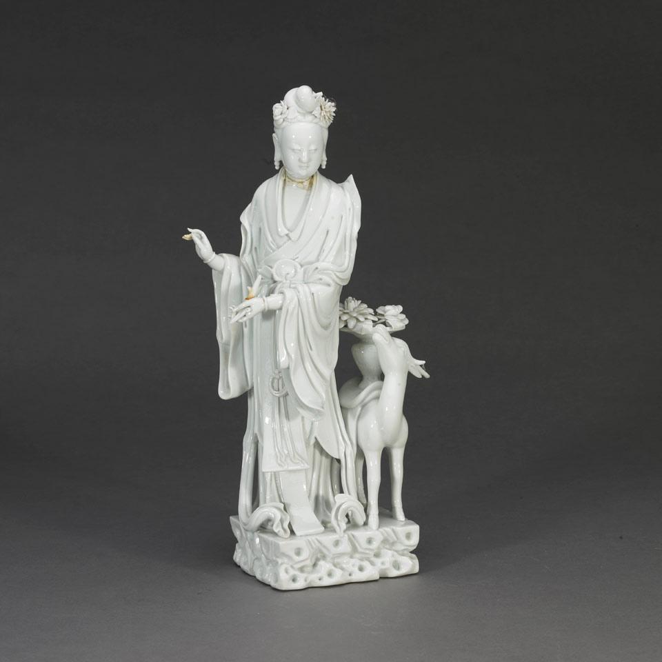 Blanc-de-Chine Figure of Guanyin with Deer, Early 20th Century 