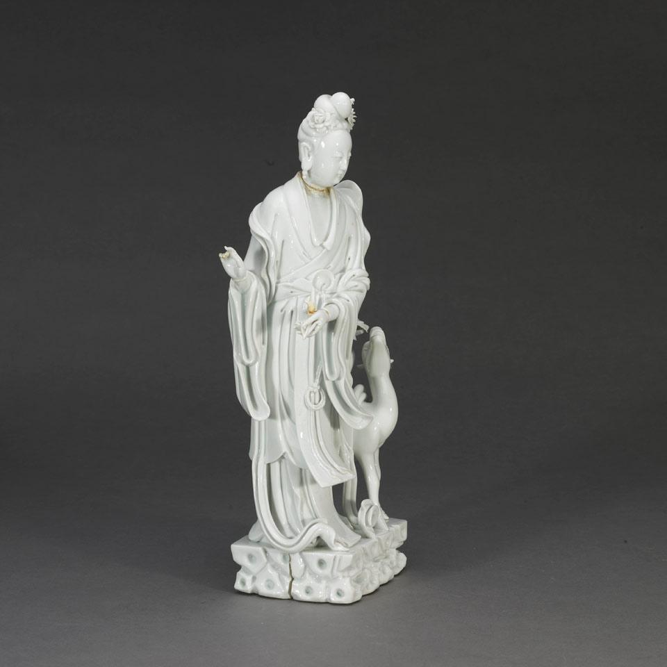 Blanc-de-Chine Figure of Guanyin with Deer, Early 20th Century 