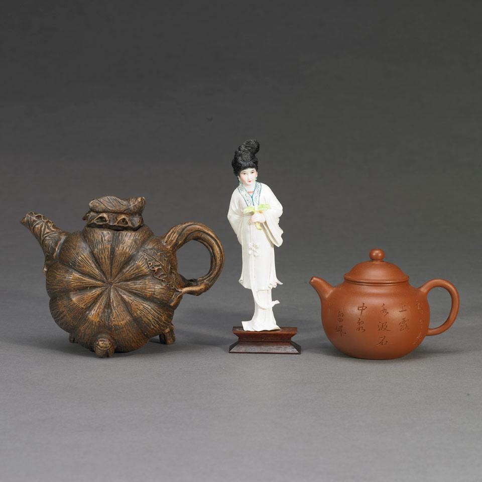 Two Yixing Teapots Together With An Ivory Figure